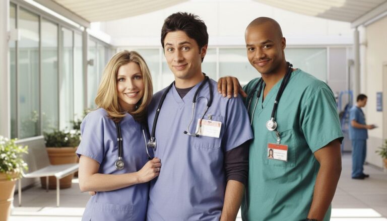 Trois médecins souriants en uniforme à l'hôpital.