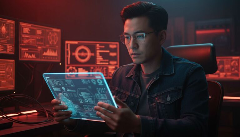 Homme examinant écrans futuristes dans une pièce sombre.