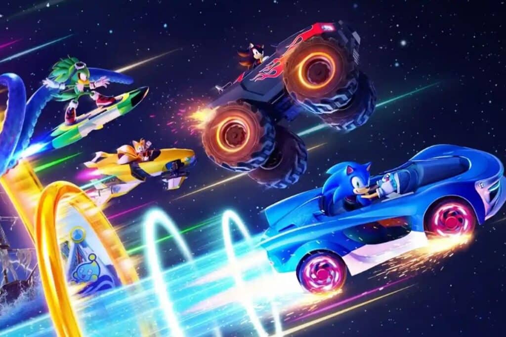 Course rapide de voitures et hoverboards futuristes.