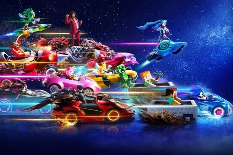 Course de personnages animés avec véhicules futuristes.