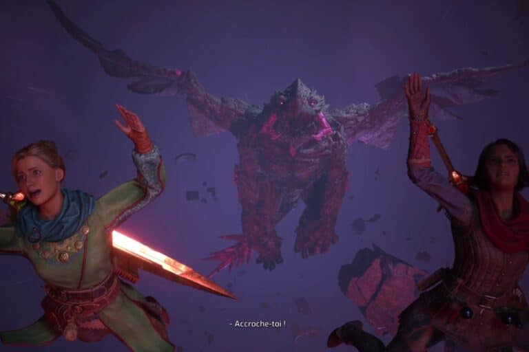 Deux personnages face à un dragon volant.