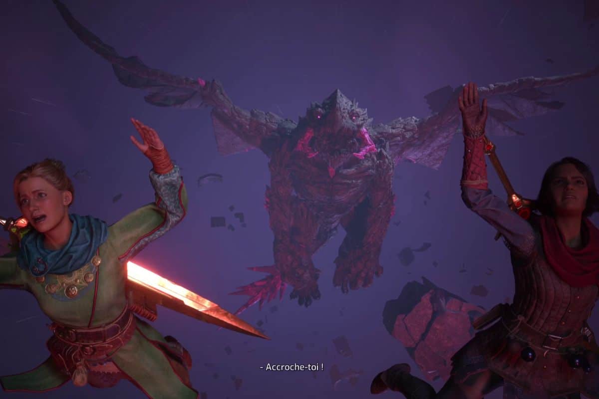 Deux personnages face à un dragon volant.
