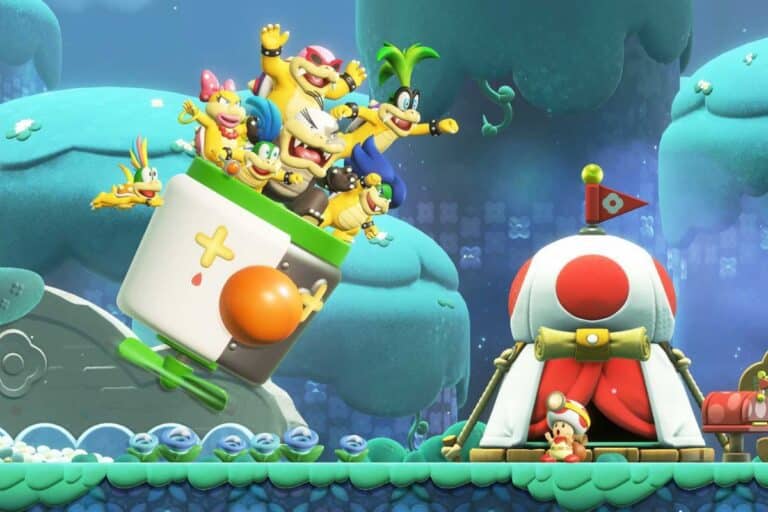 Personnages de jeu vidéo colorés sur une scène.