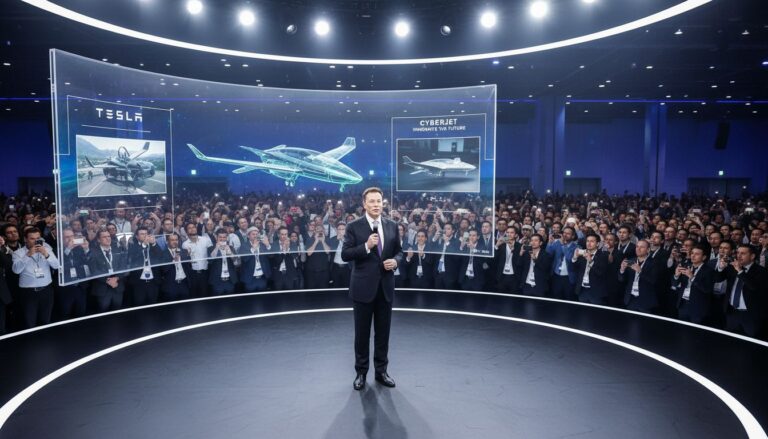 Homme présente avion futuriste devant foule enthousiaste.