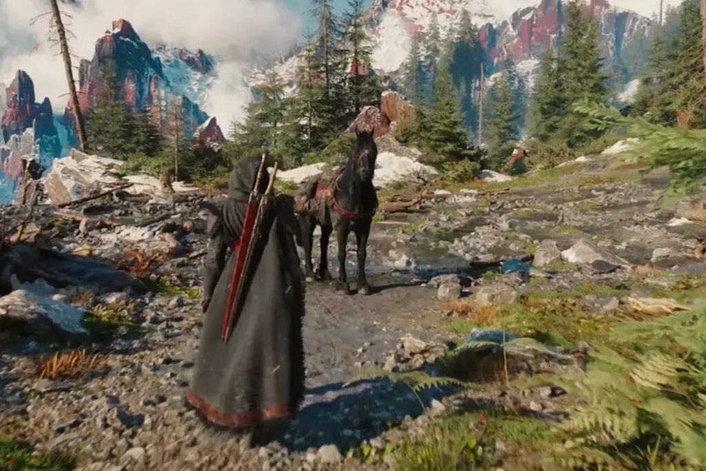 Personnage et cheval dans paysage montagneux enneigé.
