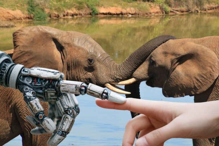 Robots et éléphants avec doigts se touchent.