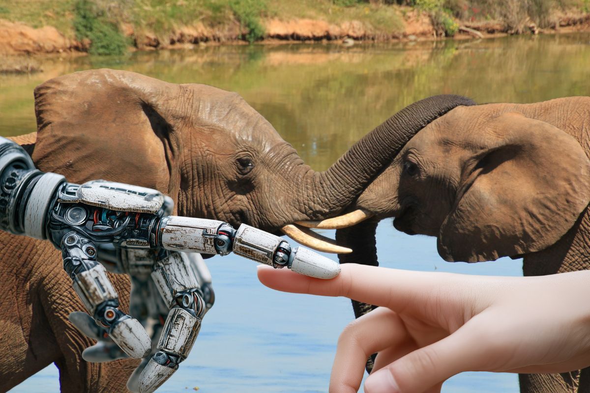 Robots et éléphants avec doigts se touchent.