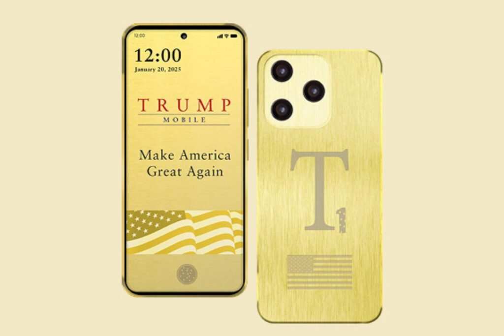 Smartphone en or avec message politique américain.