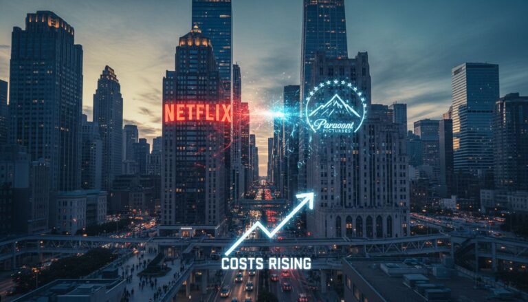 Villes lumineux avec logos Netflix et Paramount.