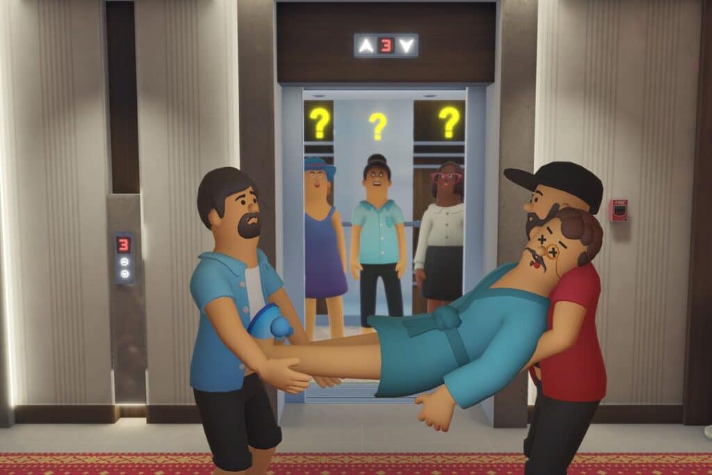 Personnes transportant un homme inconscient devant un ascenseur.