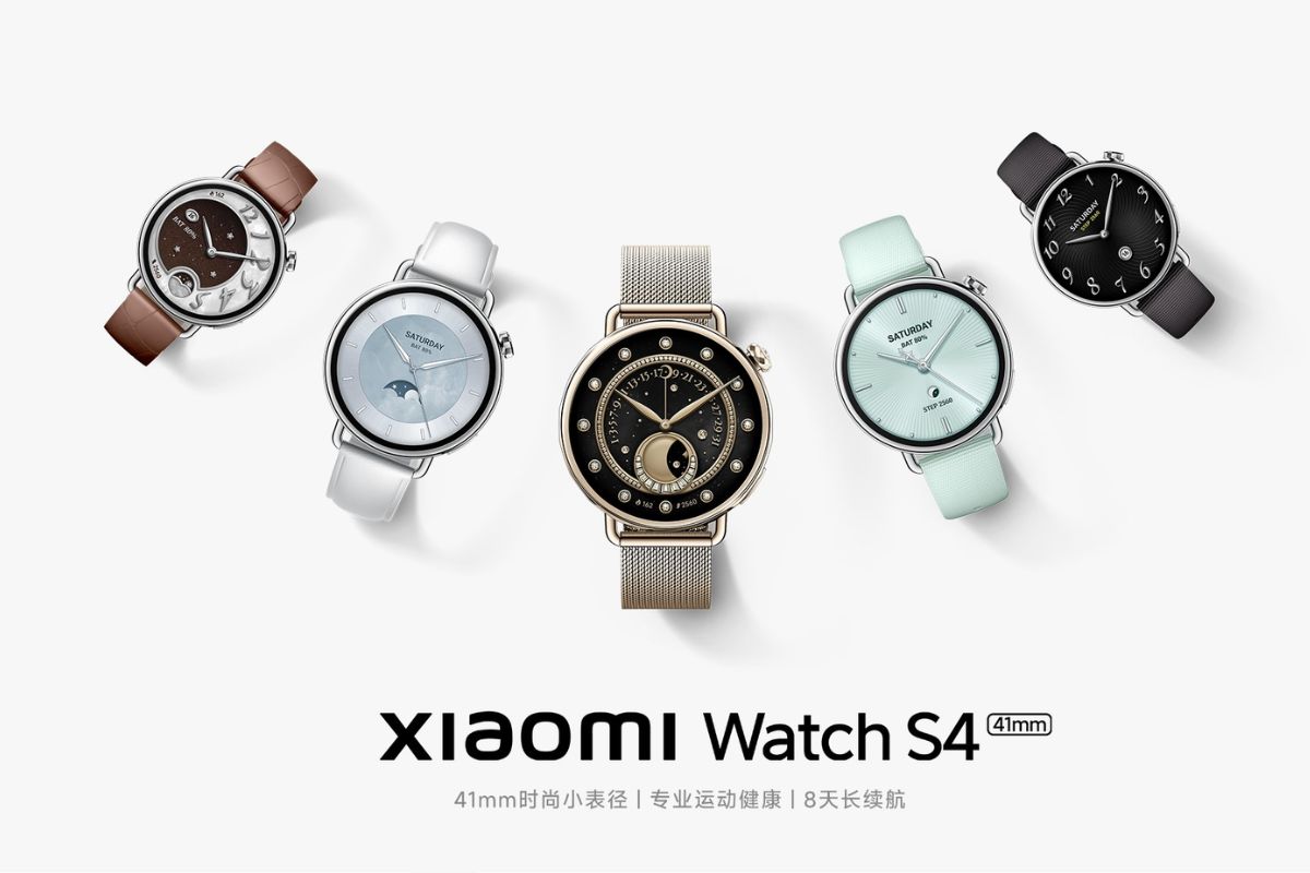 Cinq montres Xiaomi Watch S4 de différentes couleurs.